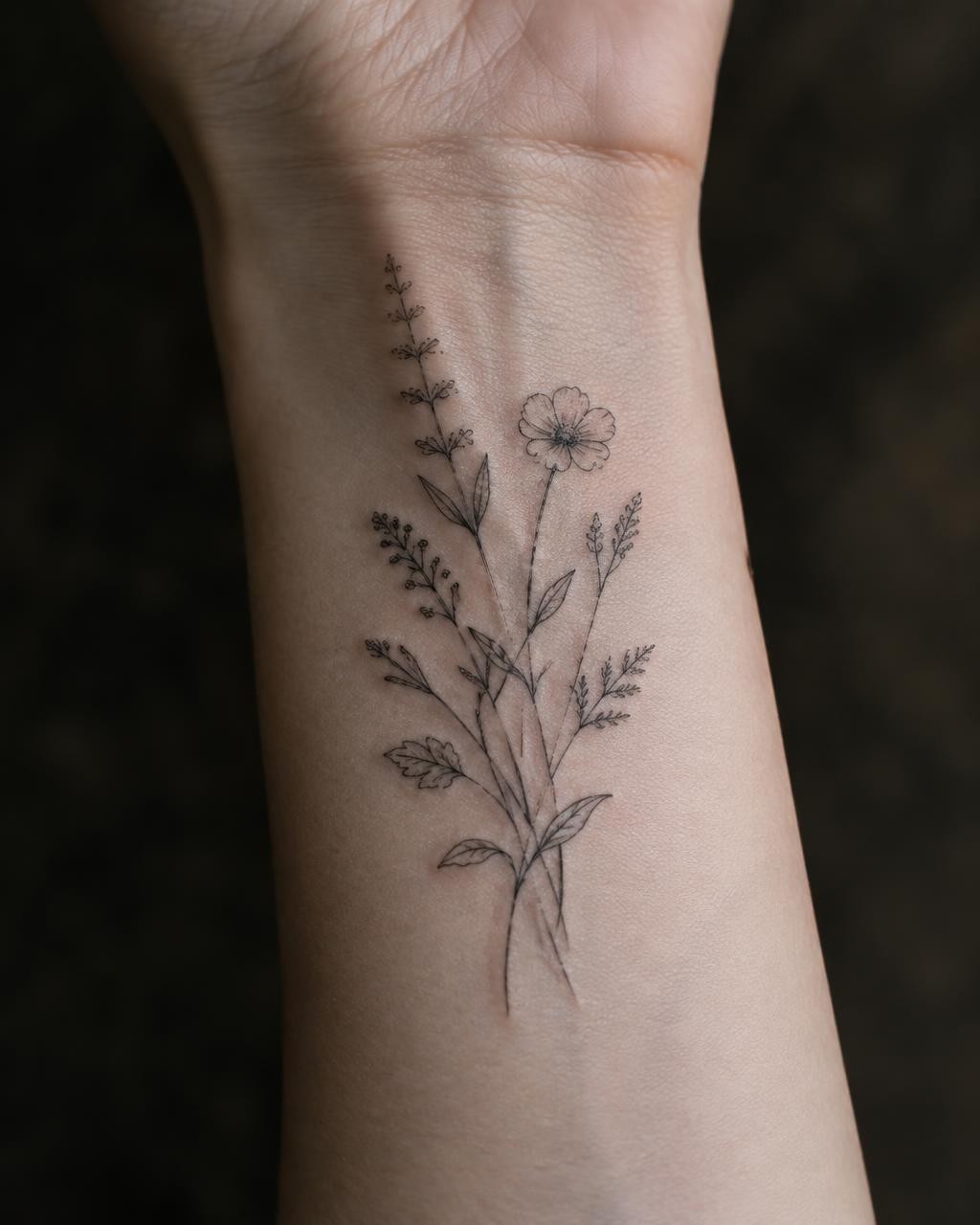 Zioła — tatuaż fine line, nadgarstek
